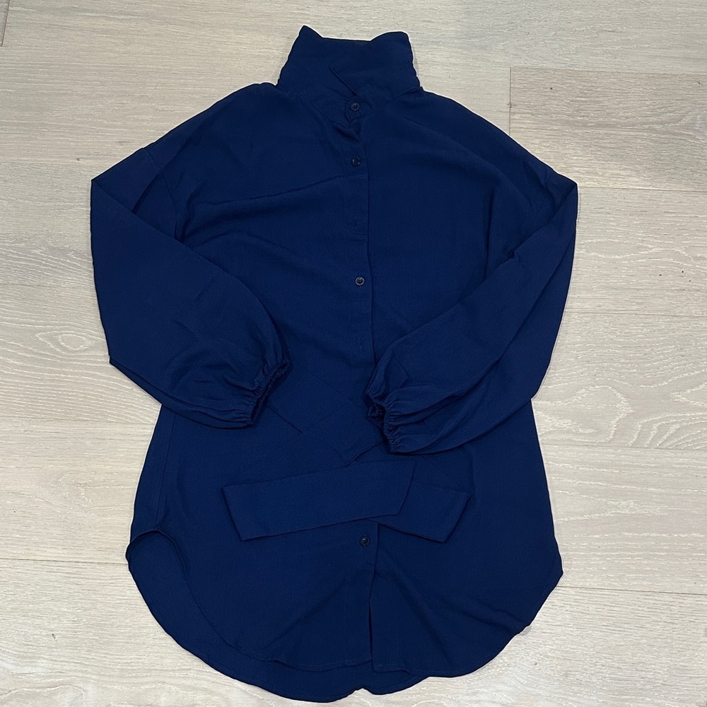 Long Navy Blue Button-Up Shirt